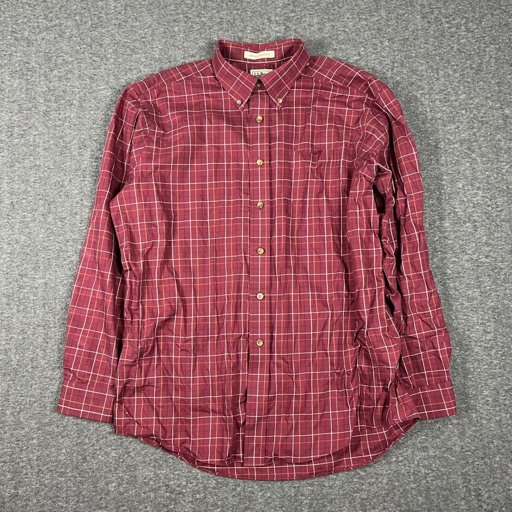 L.L. Bean Button Down Mens Large Burgundy Plaid Wrinkle Resistant Cotton Shirt
